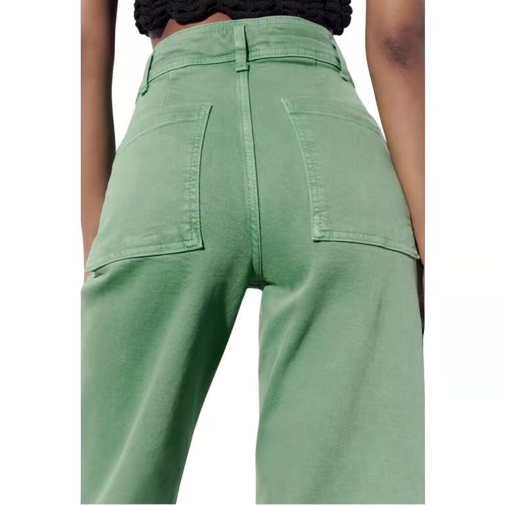 Zara High-Rise The Marine Straight Wide Leg Raw Hem Light Green 4 - Picture 3 of 10